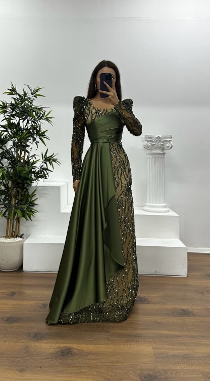 Square Neck Embroidered Evening Dress