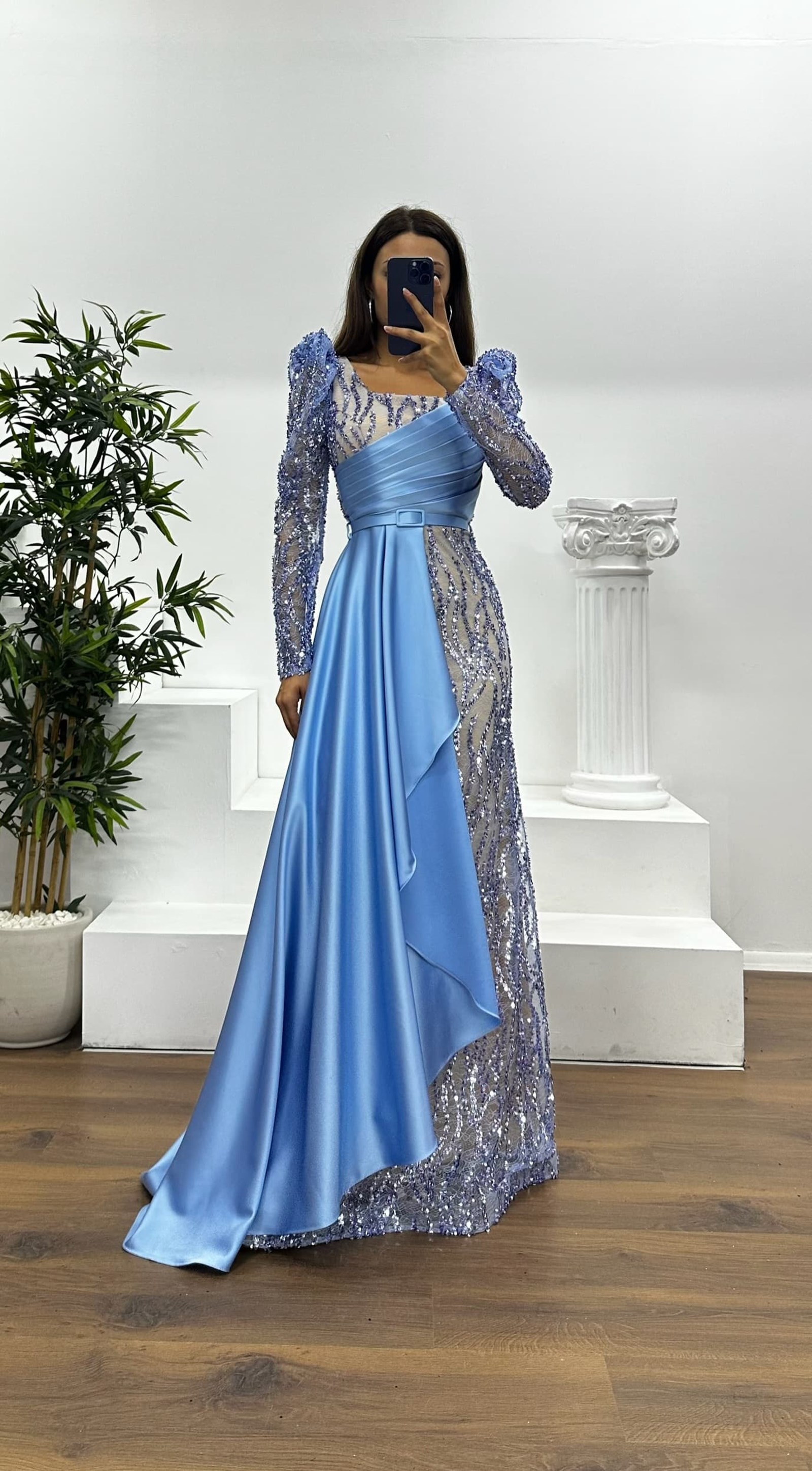 Square Neck Embroidered Evening Dress