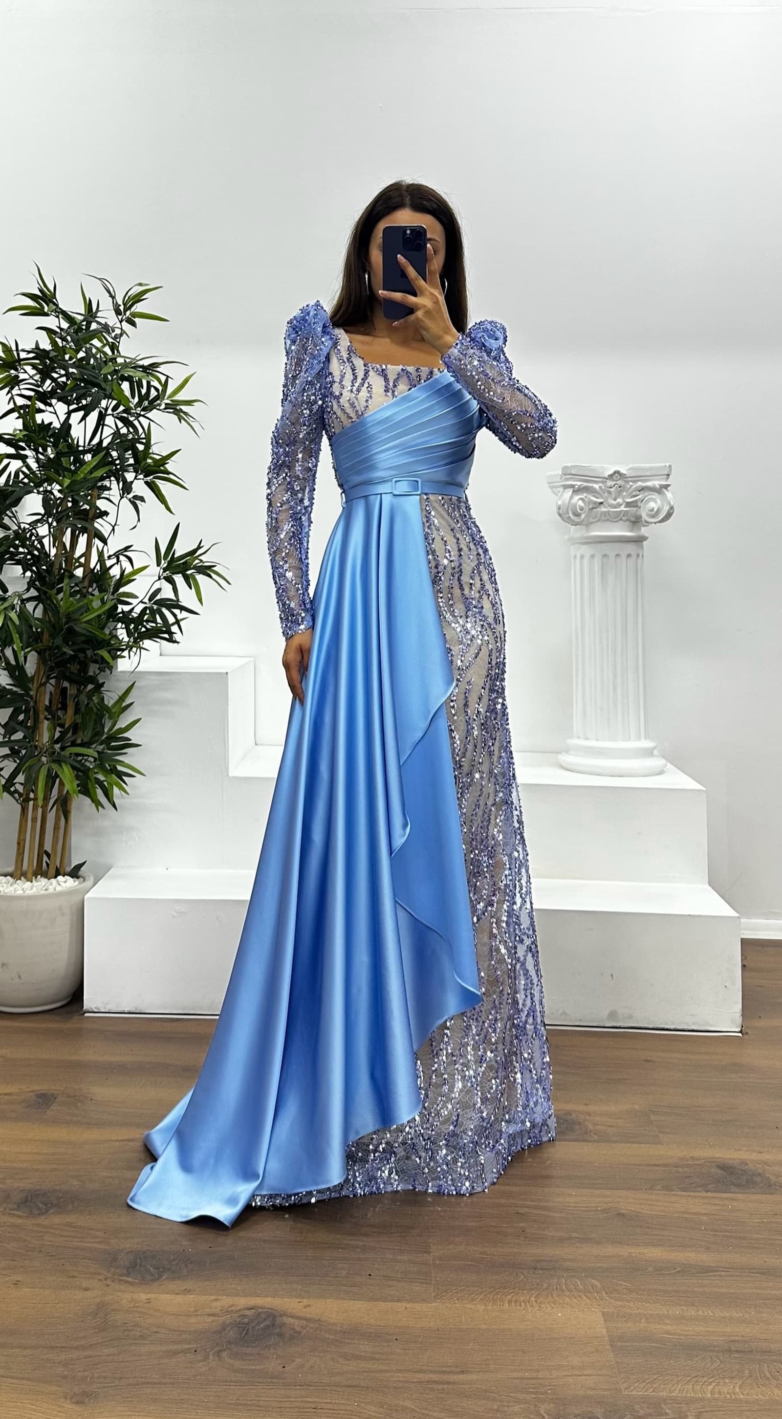 Square Neck Embroidered Evening Dress