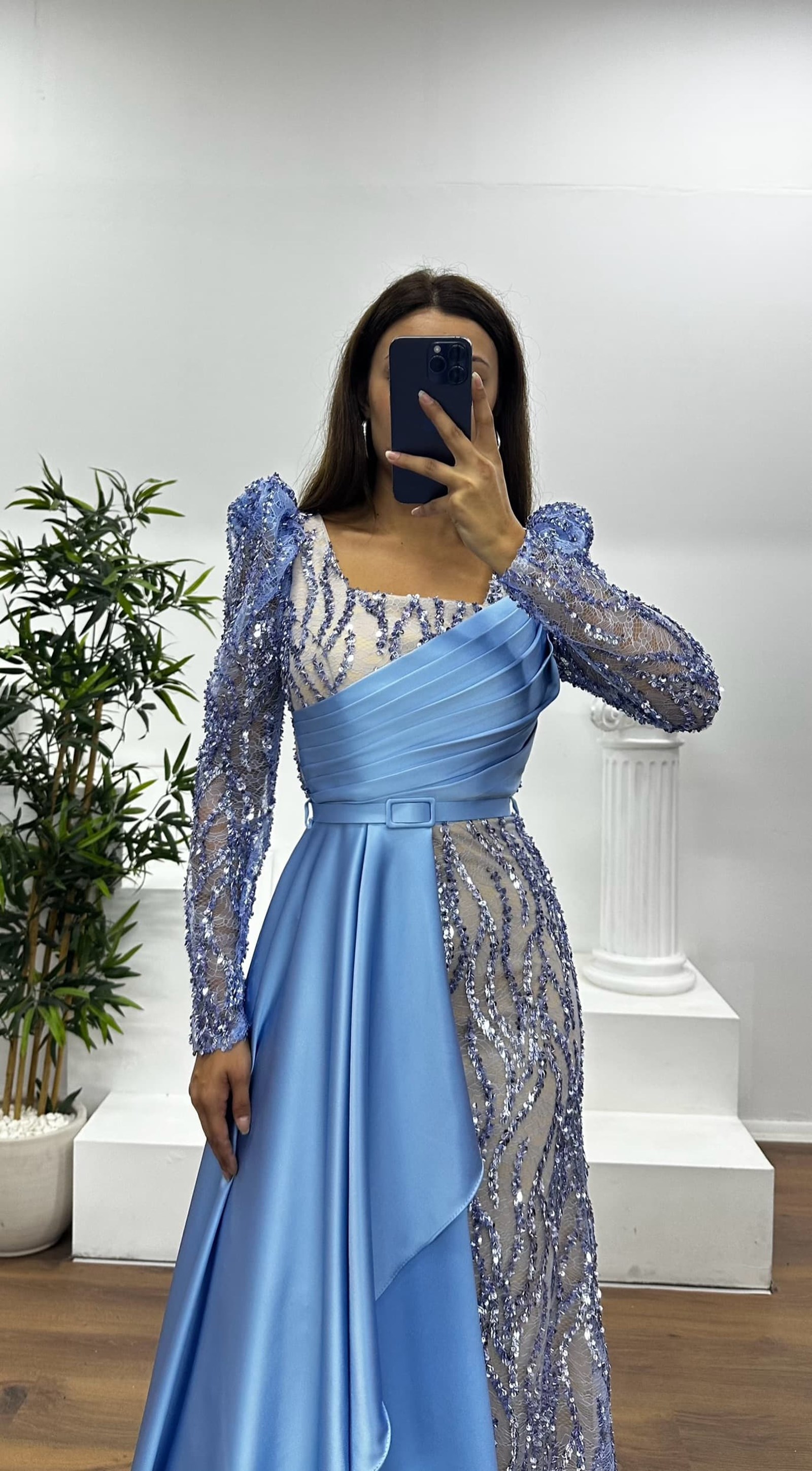 Square Neck Embroidered Evening Dress