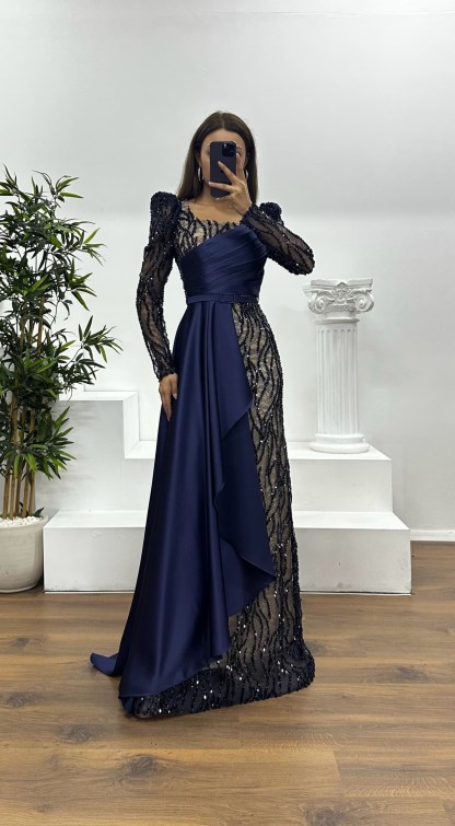 Square Neck Embroidered Evening Dress