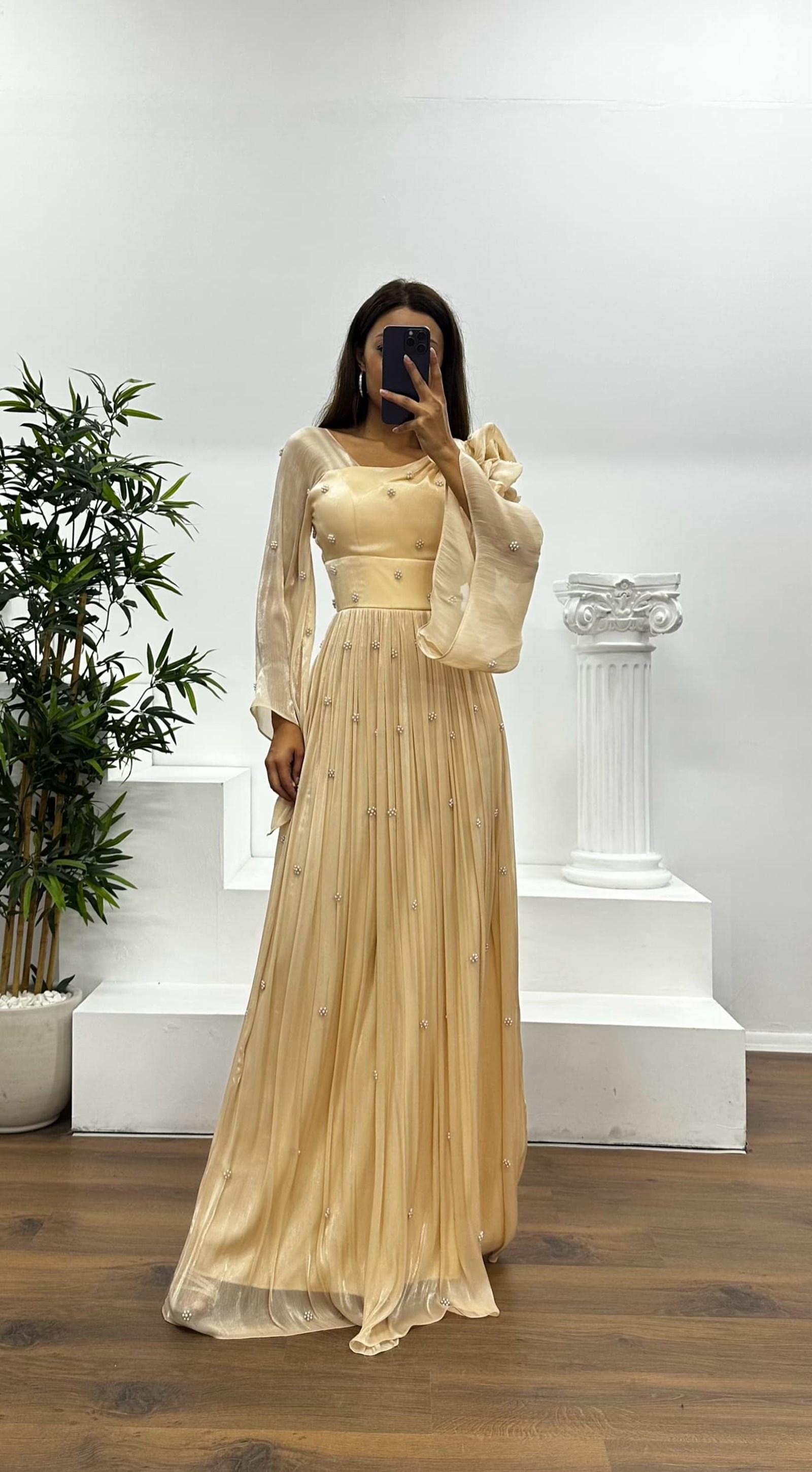 One Shoulder Pearl Detail Chiffon Evening Dress