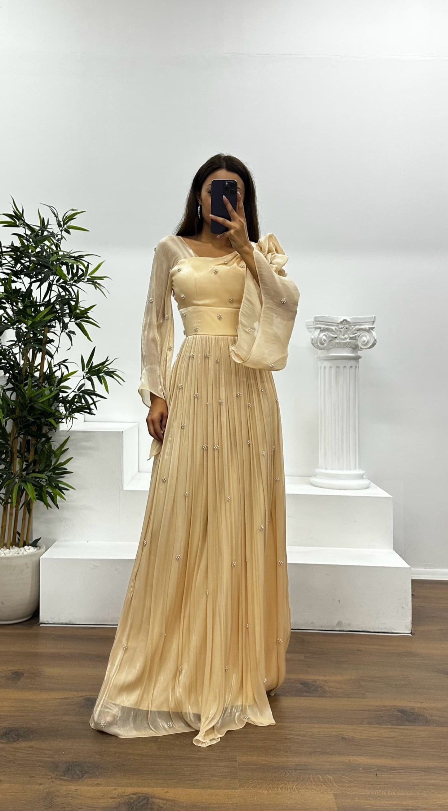 One Shoulder Pearl Detail Chiffon Evening Dress