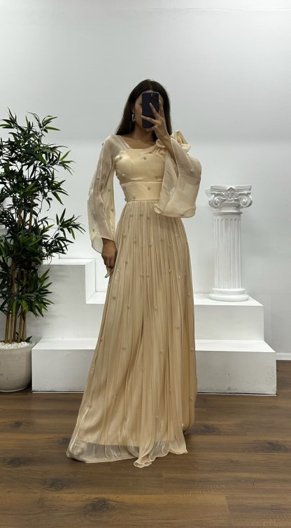 One Shoulder Pearl Detail Chiffon Evening Dress