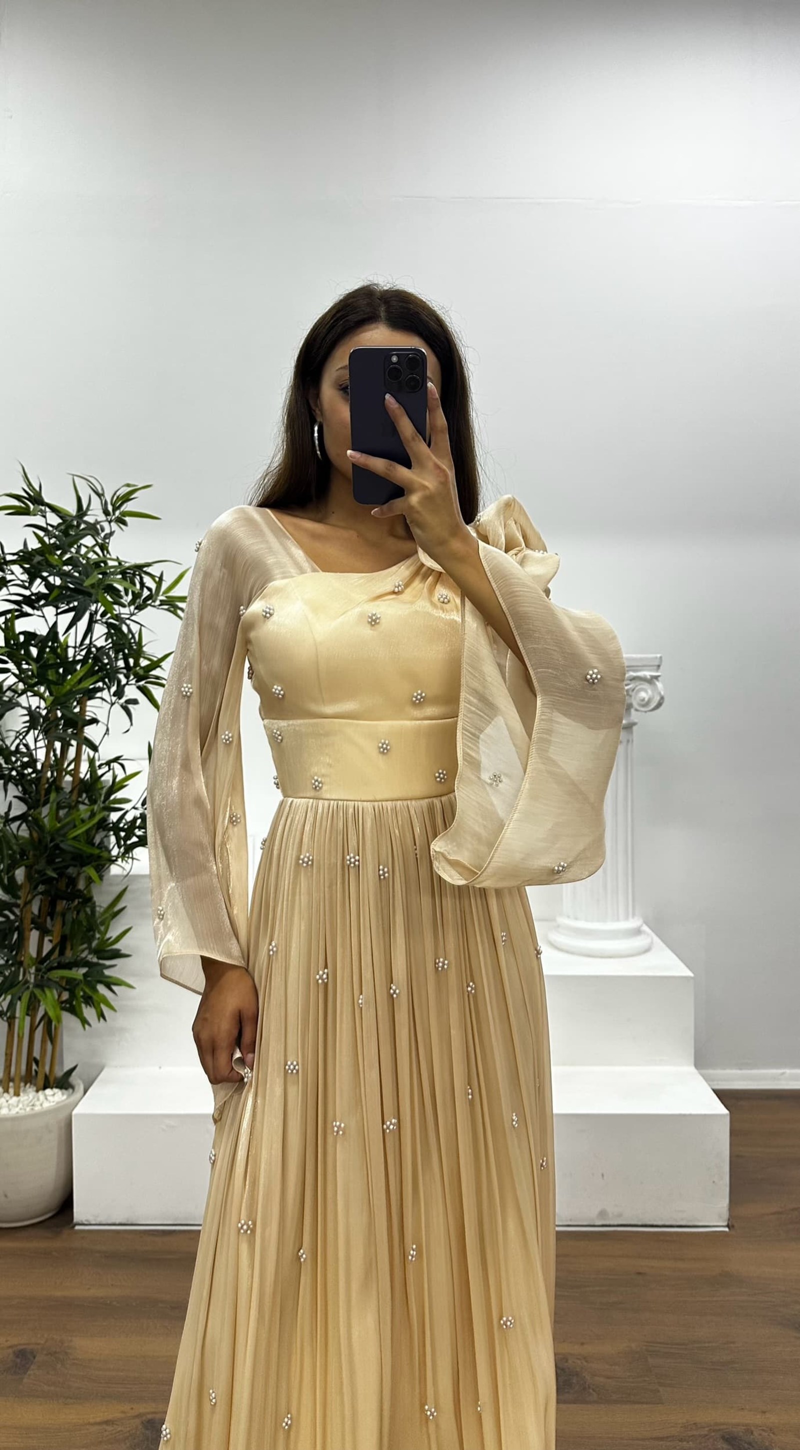 One Shoulder Pearl Detail Chiffon Evening Dress