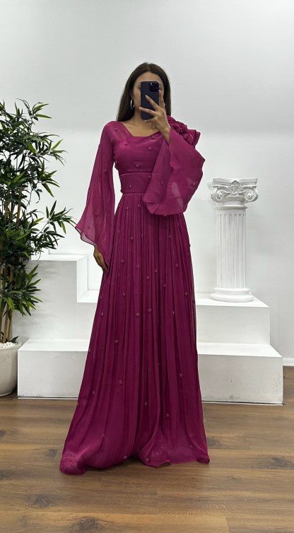 One Shoulder Pearl Detail Chiffon Evening Dress