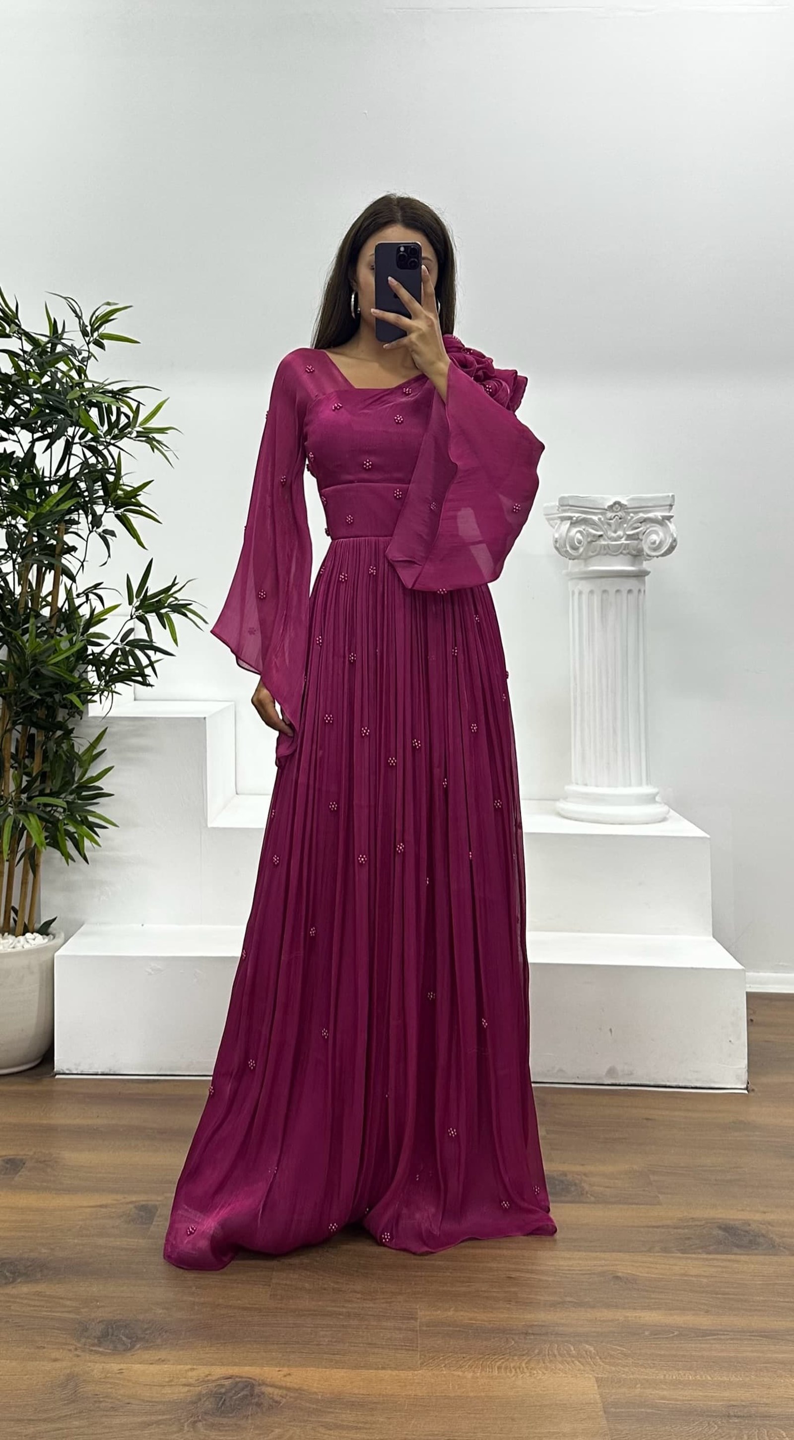 One Shoulder Pearl Detail Chiffon Evening Dress