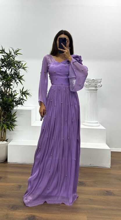 One Shoulder Pearl Detail Chiffon Evening Dress