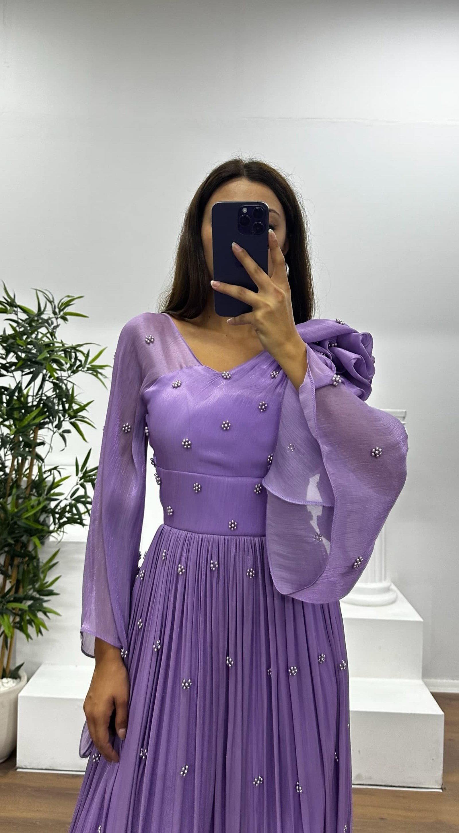 One Shoulder Pearl Detail Chiffon Evening Dress