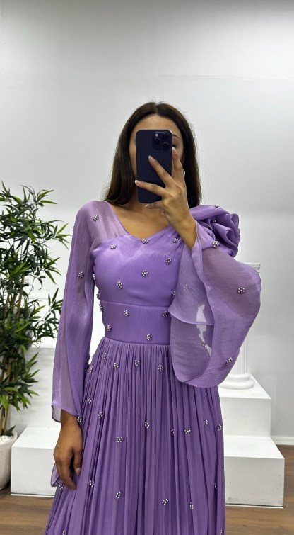 One Shoulder Pearl Detail Chiffon Evening Dress