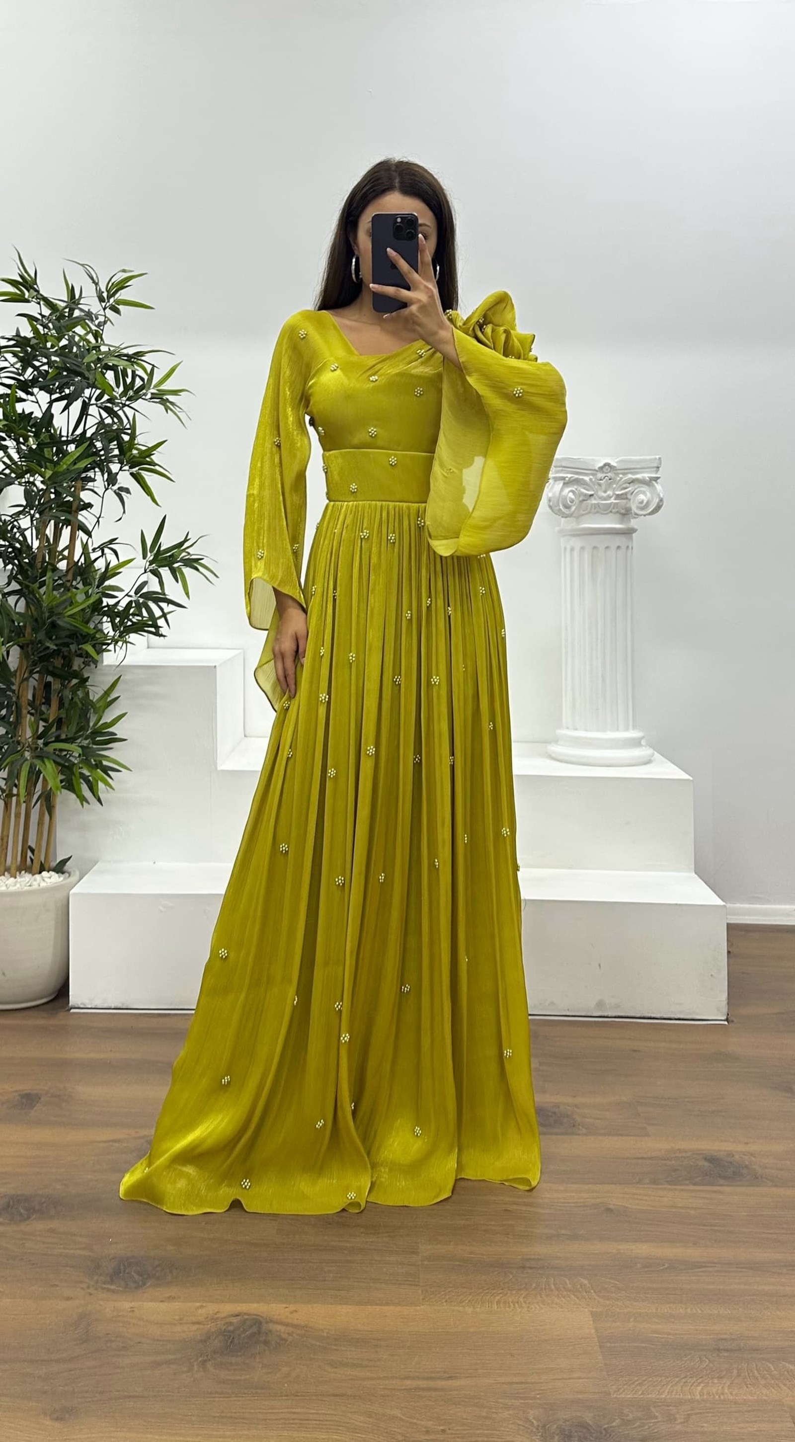 One Shoulder Pearl Detail Chiffon Evening Dress