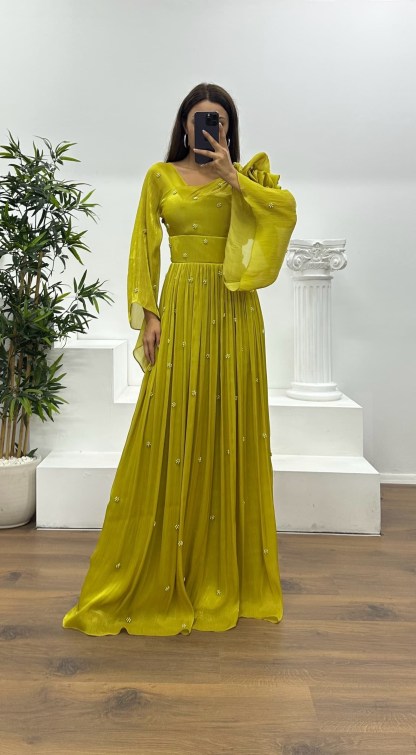 One Shoulder Pearl Detail Chiffon Evening Dress