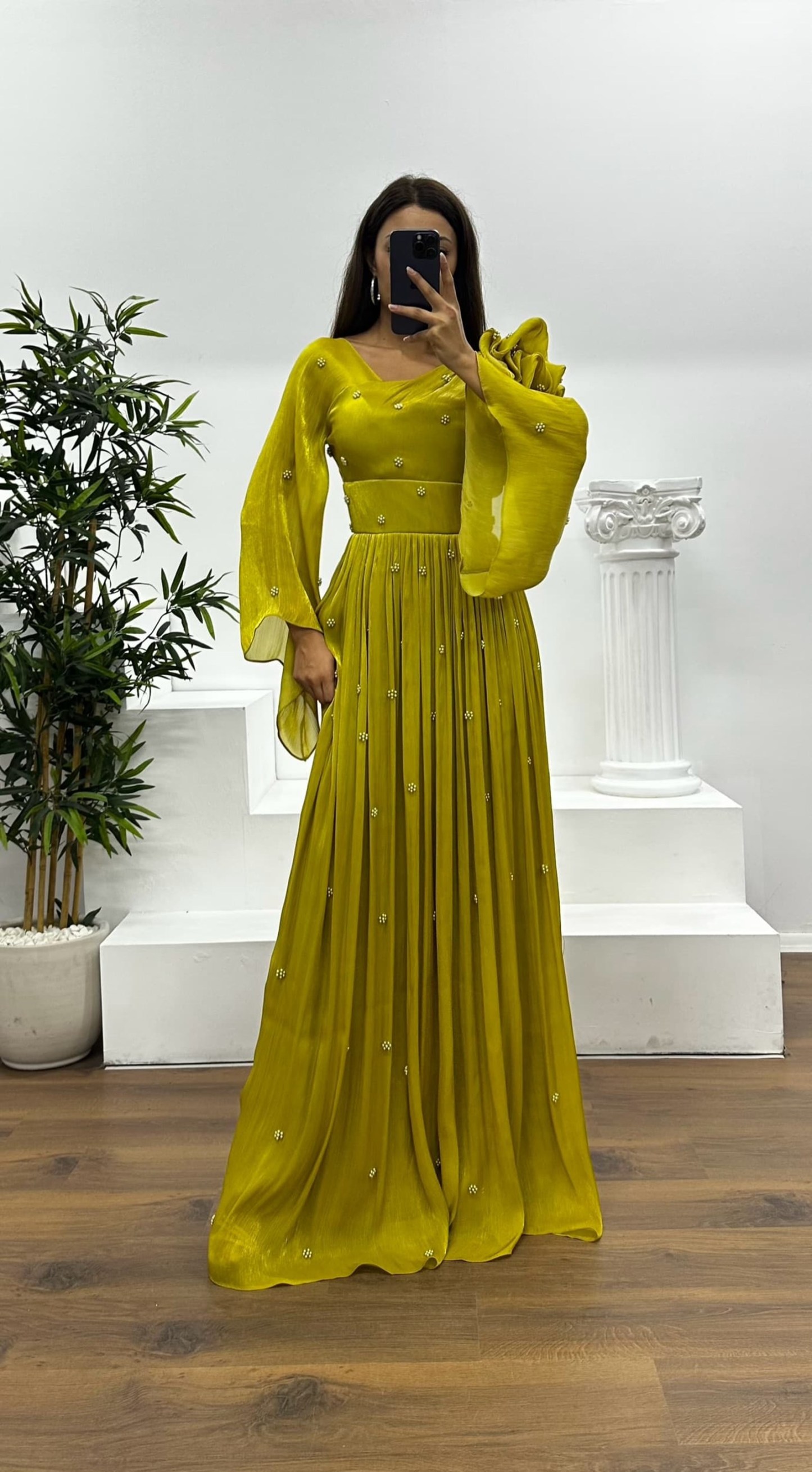 One Shoulder Pearl Detail Chiffon Evening Dress