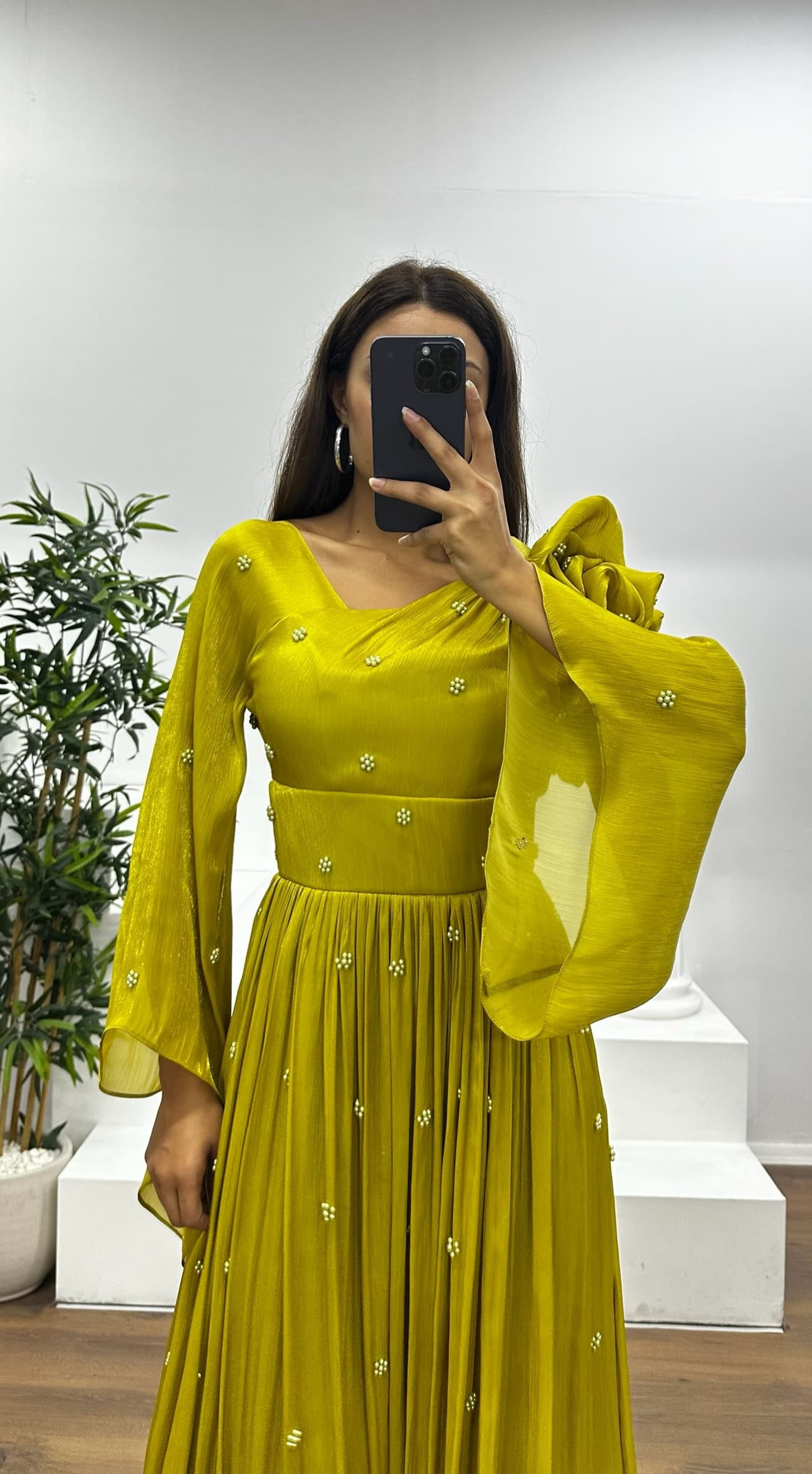 One Shoulder Pearl Detail Chiffon Evening Dress