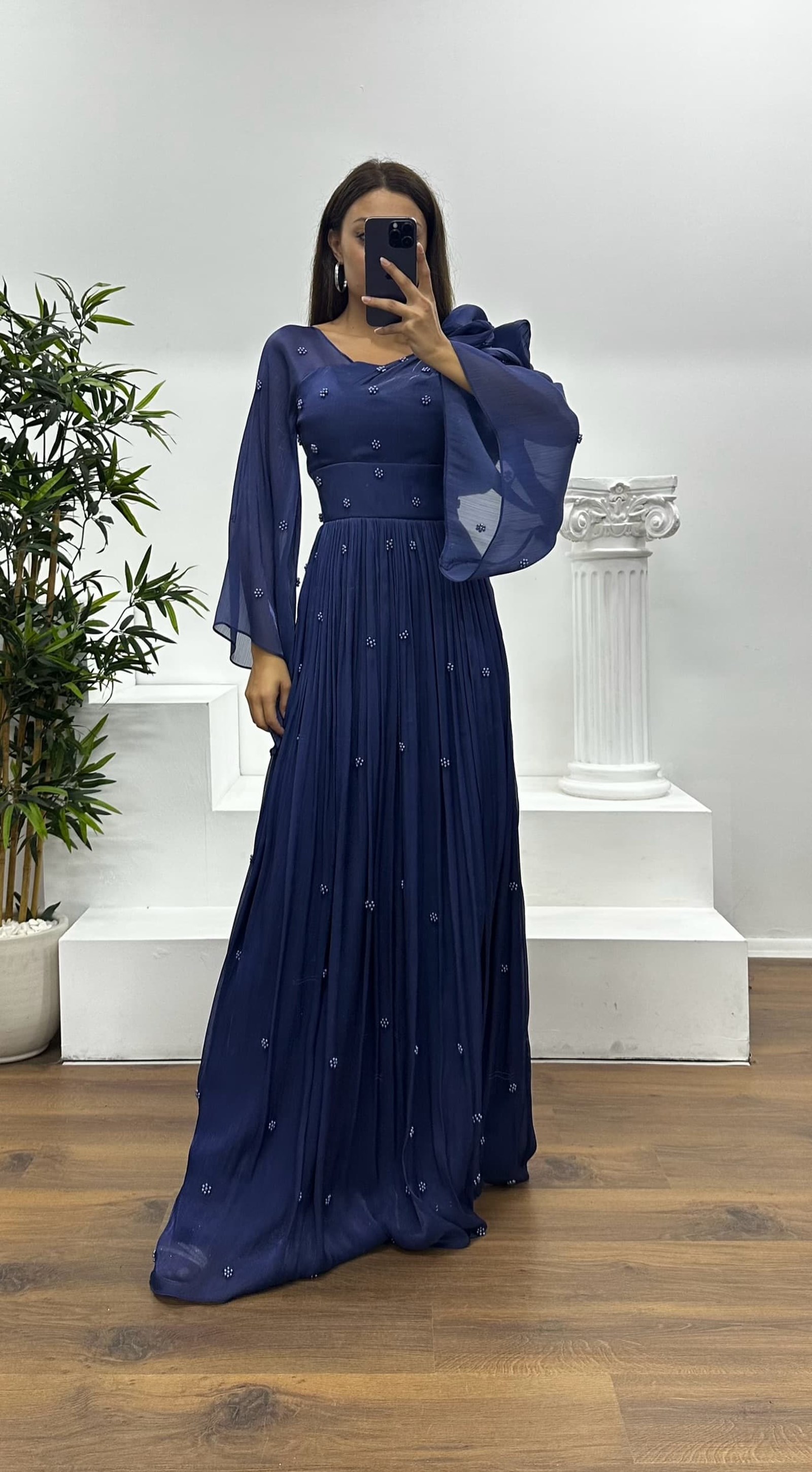 One Shoulder Pearl Detail Chiffon Evening Dress