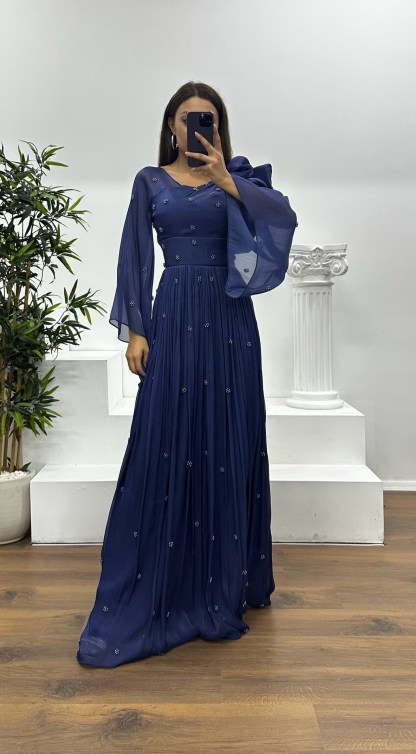 One Shoulder Pearl Detail Chiffon Evening Dress