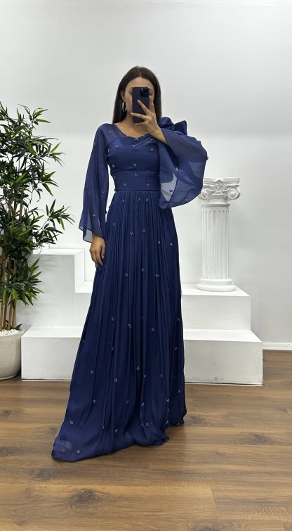 One Shoulder Pearl Detail Chiffon Evening Dress