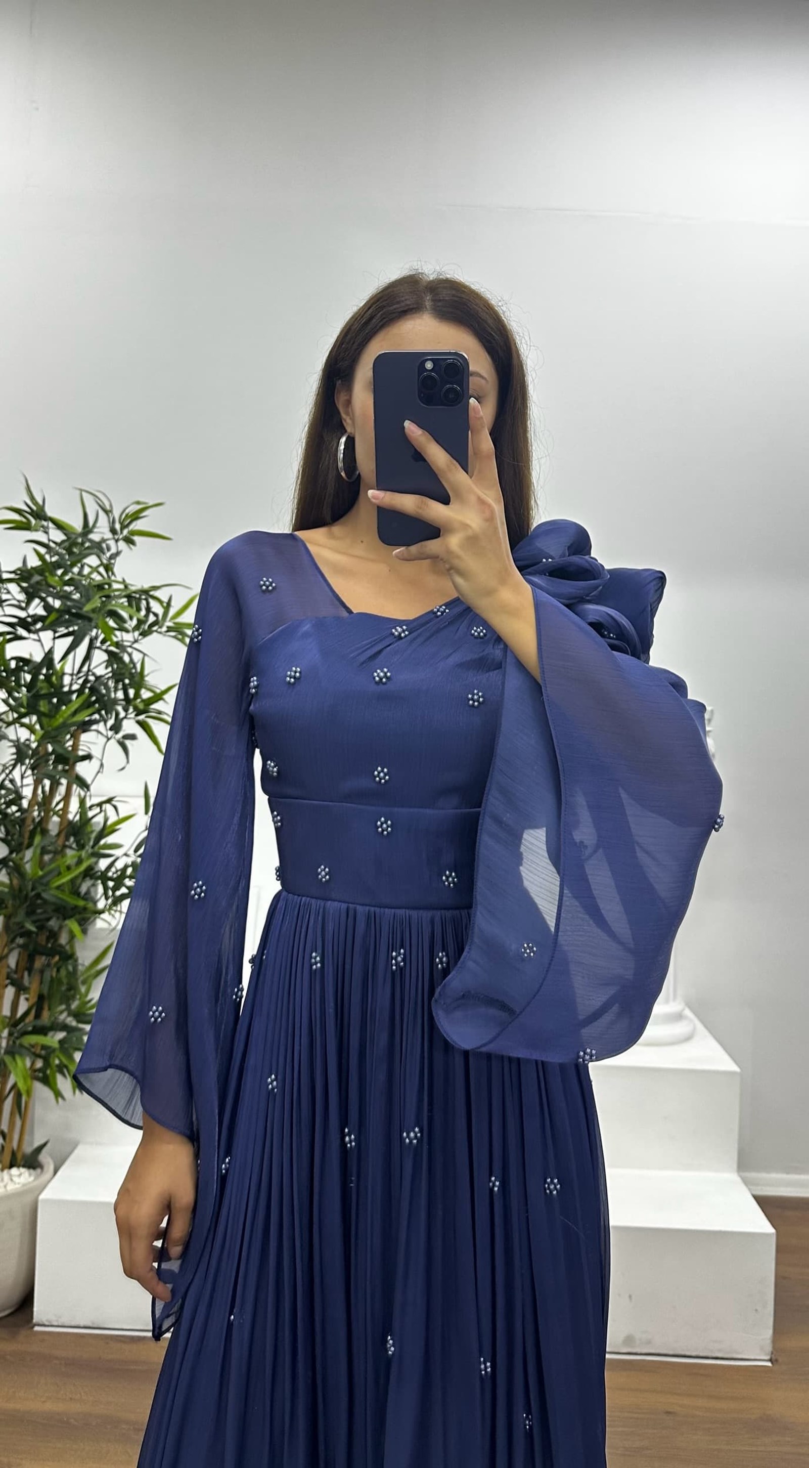 One Shoulder Pearl Detail Chiffon Evening Dress