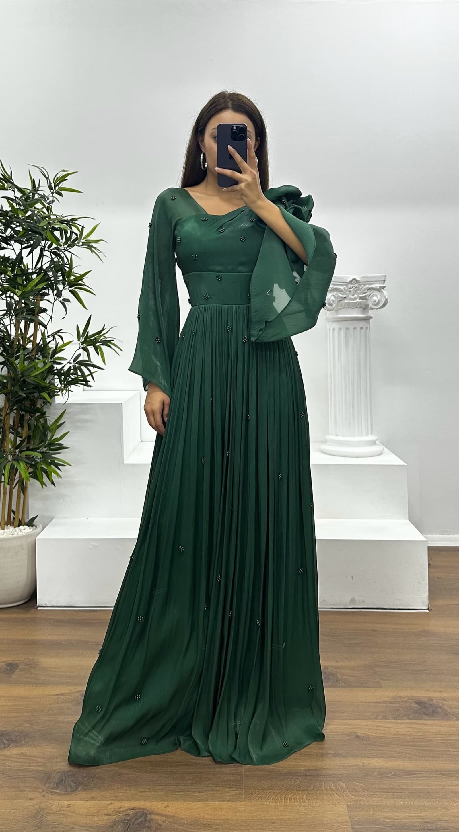 One Shoulder Pearl Detail Chiffon Evening Dress