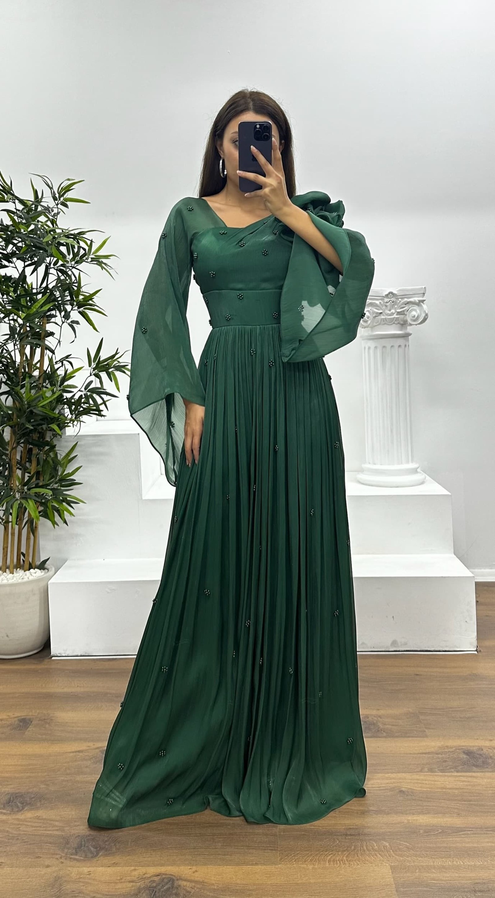 One Shoulder Pearl Detail Chiffon Evening Dress