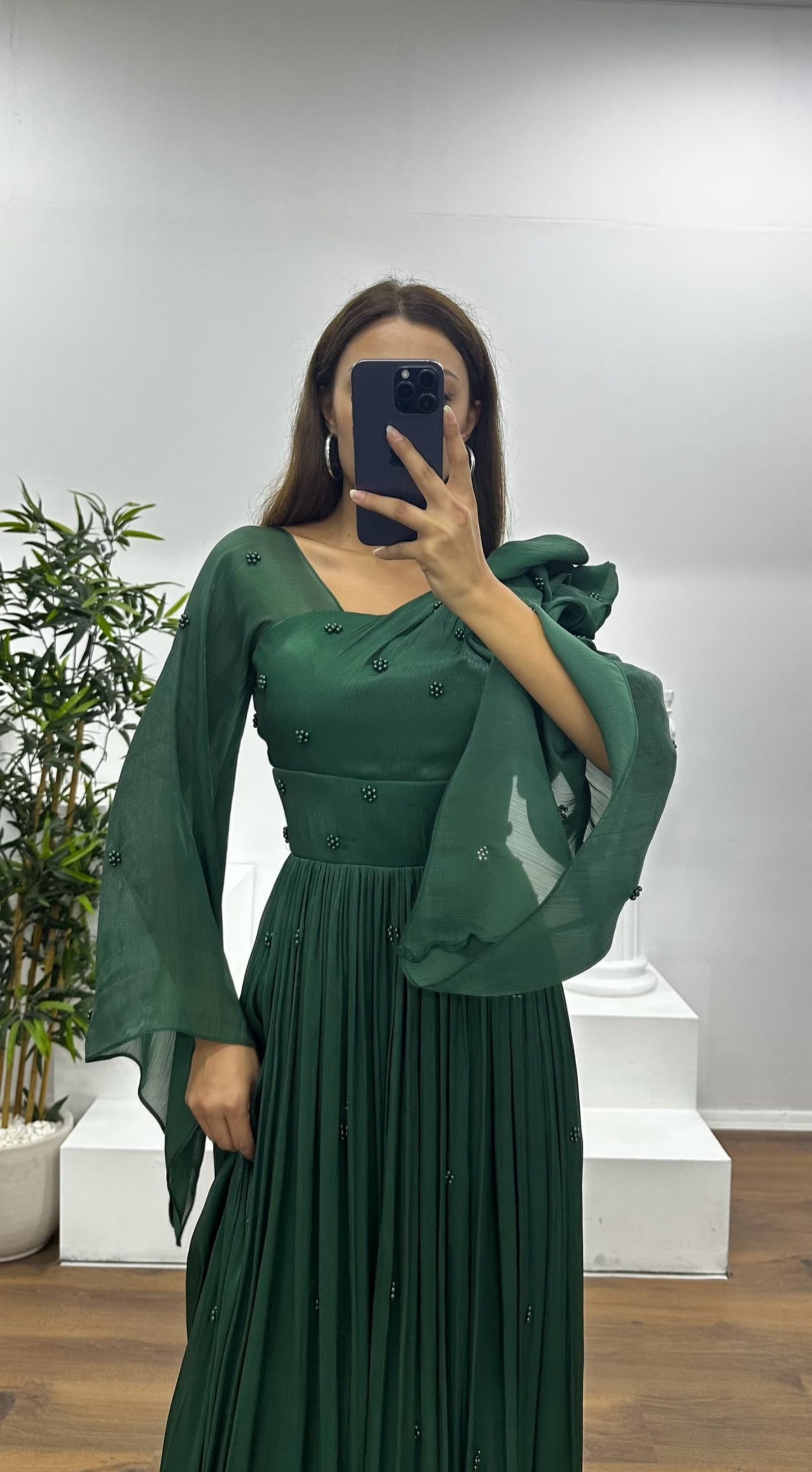 One Shoulder Pearl Detail Chiffon Evening Dress