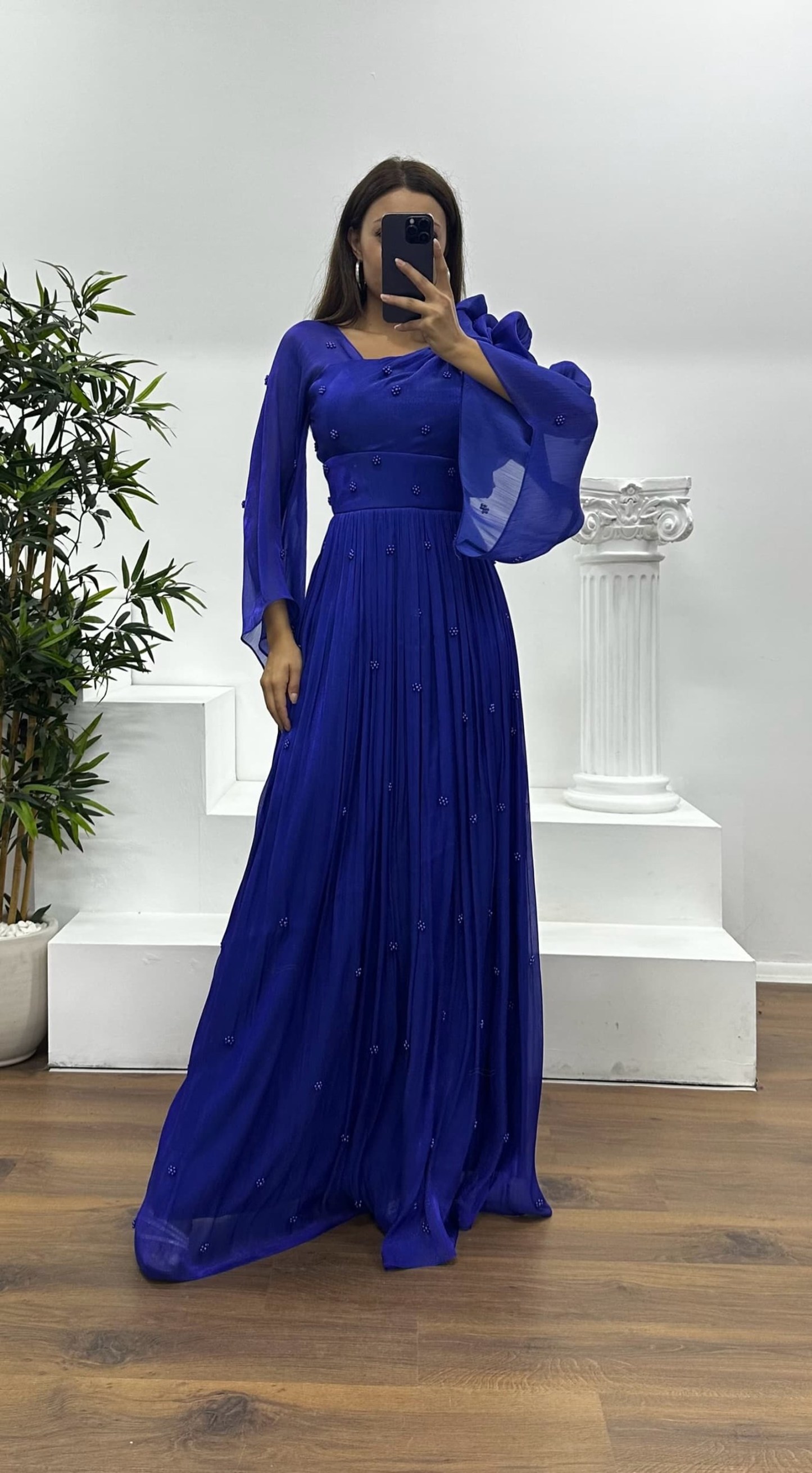 One Shoulder Pearl Detail Chiffon Evening Dress