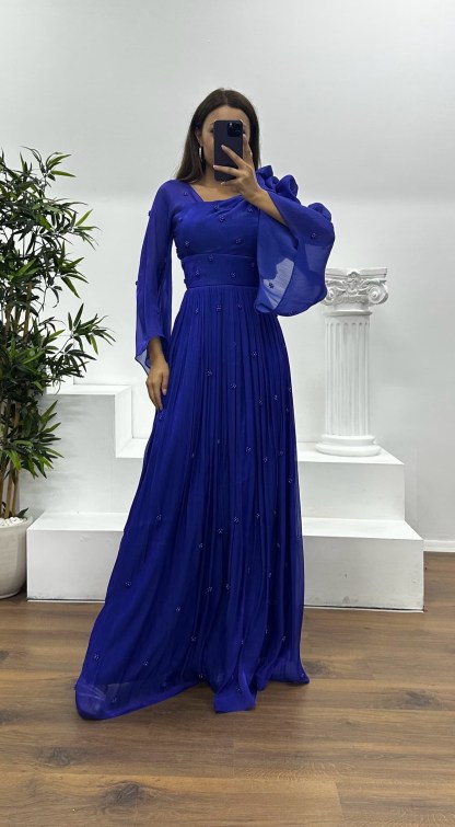 One Shoulder Pearl Detail Chiffon Evening Dress