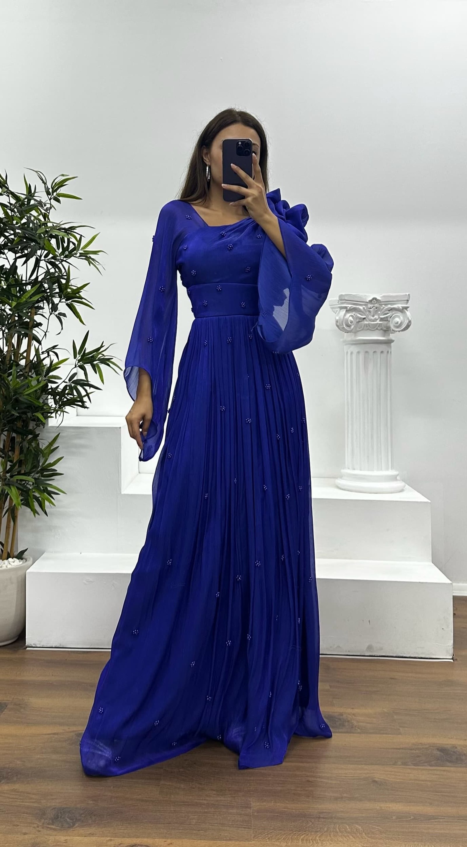 One Shoulder Pearl Detail Chiffon Evening Dress