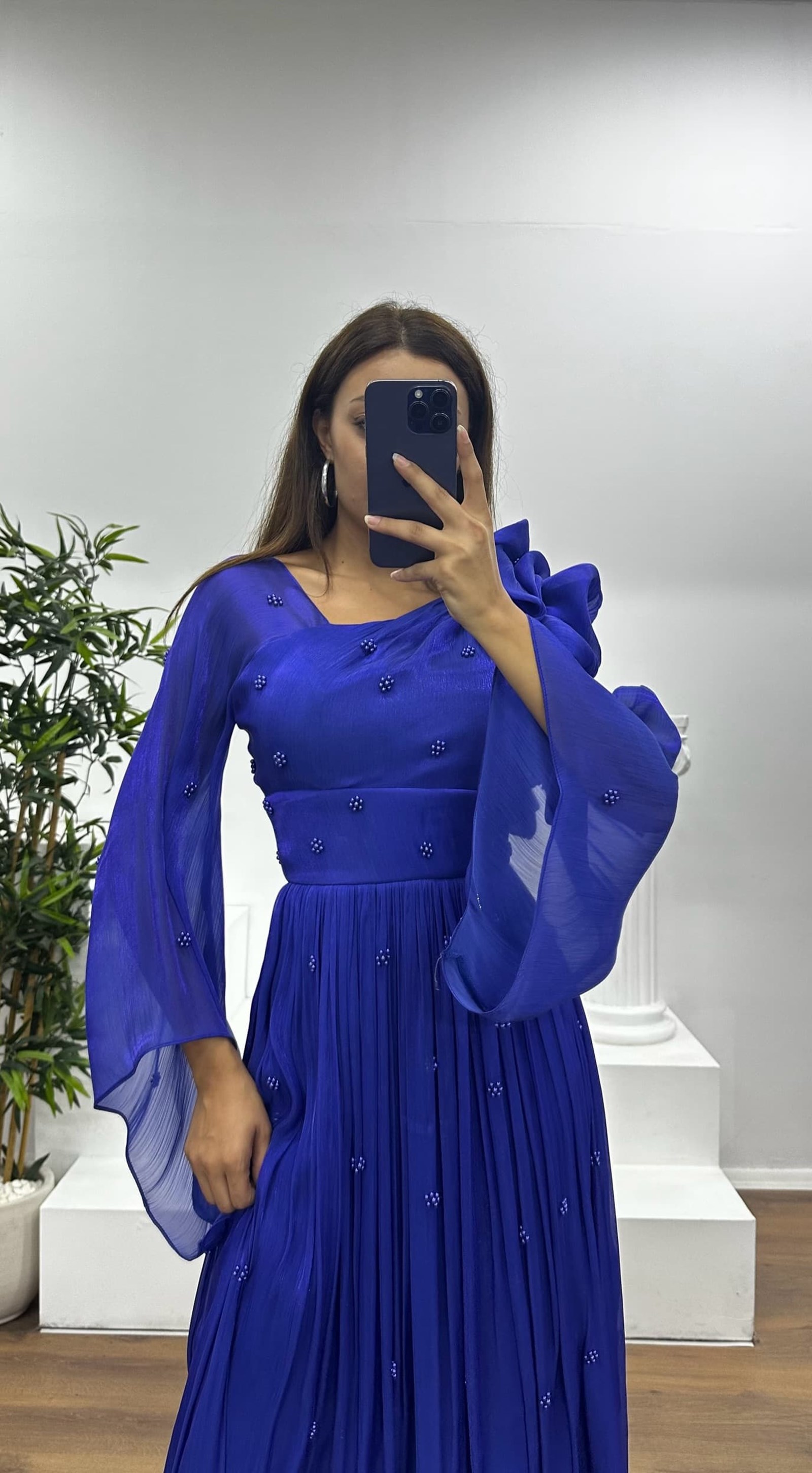 One Shoulder Pearl Detail Chiffon Evening Dress