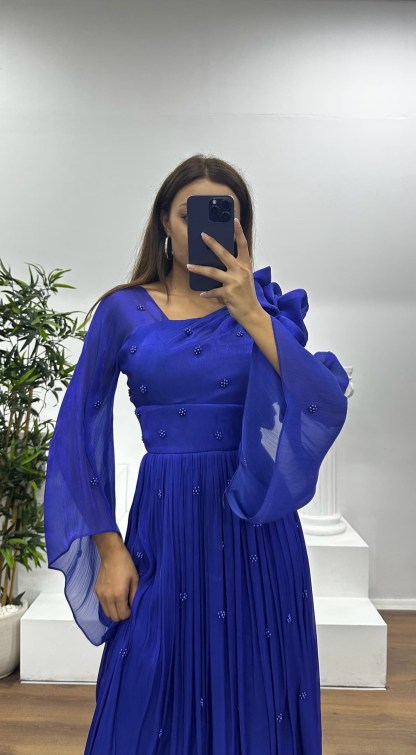 One Shoulder Pearl Detail Chiffon Evening Dress