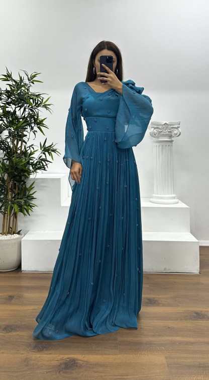 One Shoulder Pearl Detail Chiffon Evening Dress