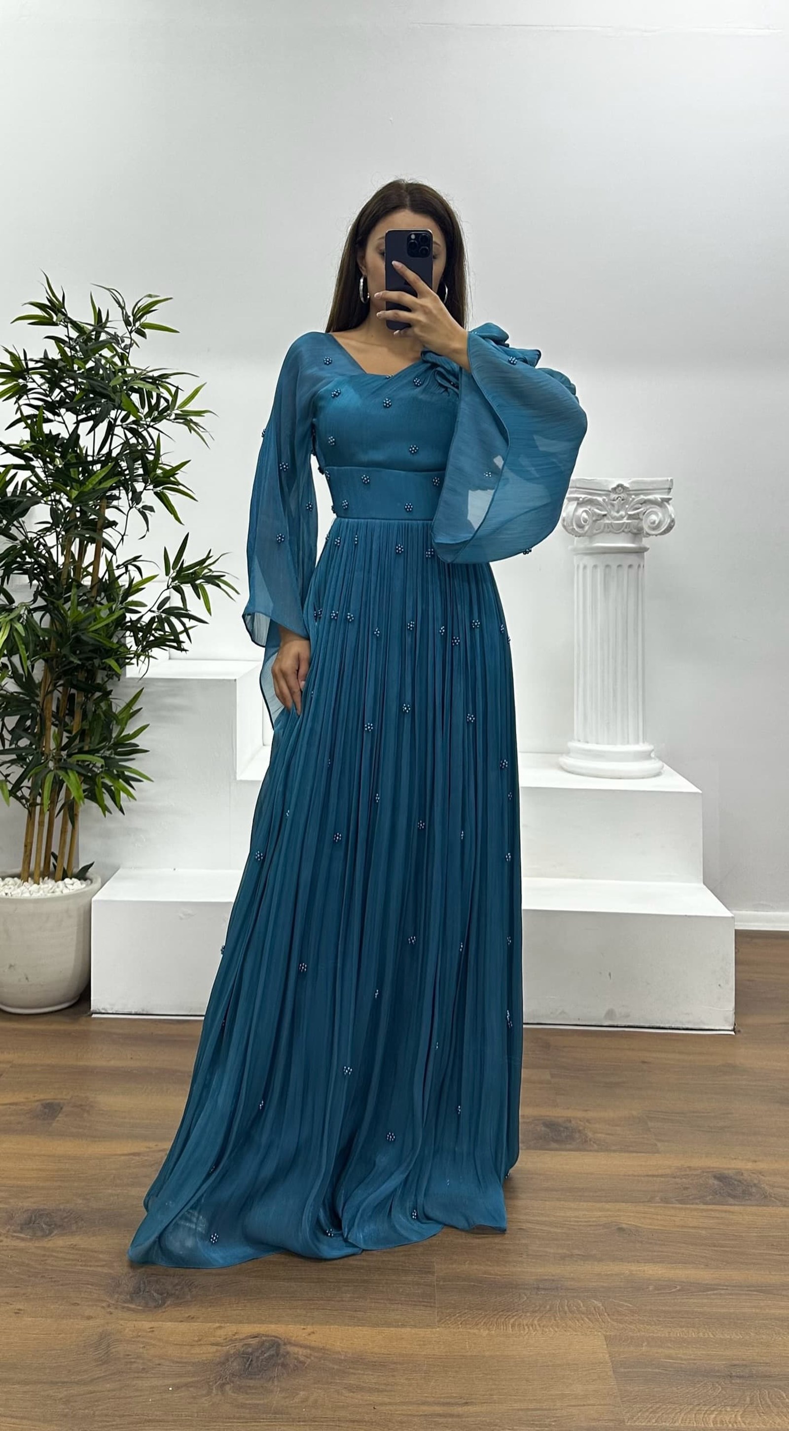 One Shoulder Pearl Detail Chiffon Evening Dress