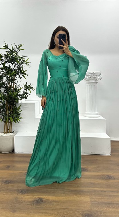 One Shoulder Pearl Detail Chiffon Evening Dress