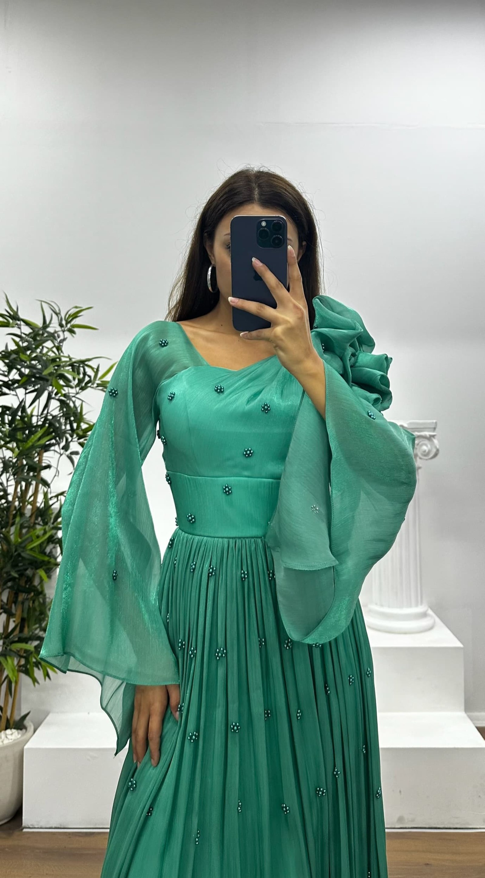 One Shoulder Pearl Detail Chiffon Evening Dress