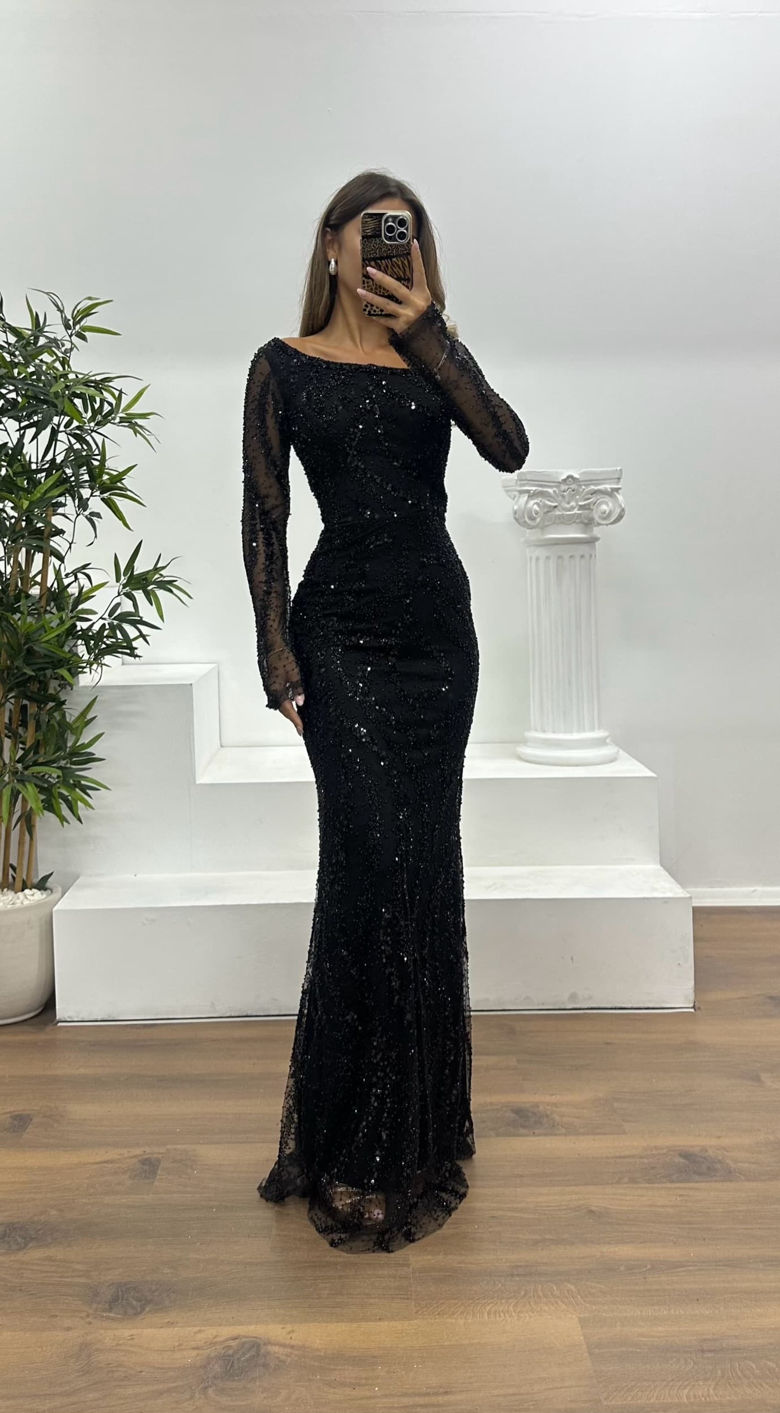 Asymmetrical Collar Embroidered Evening Dress