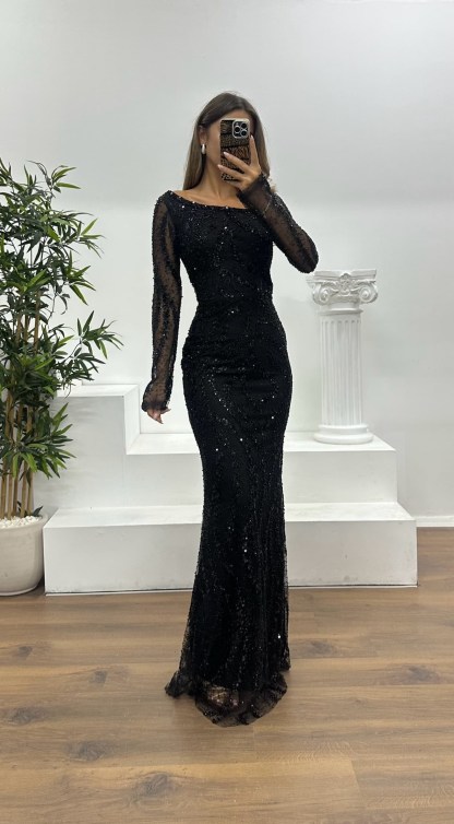 Asymmetrical Collar Embroidered Evening Dress