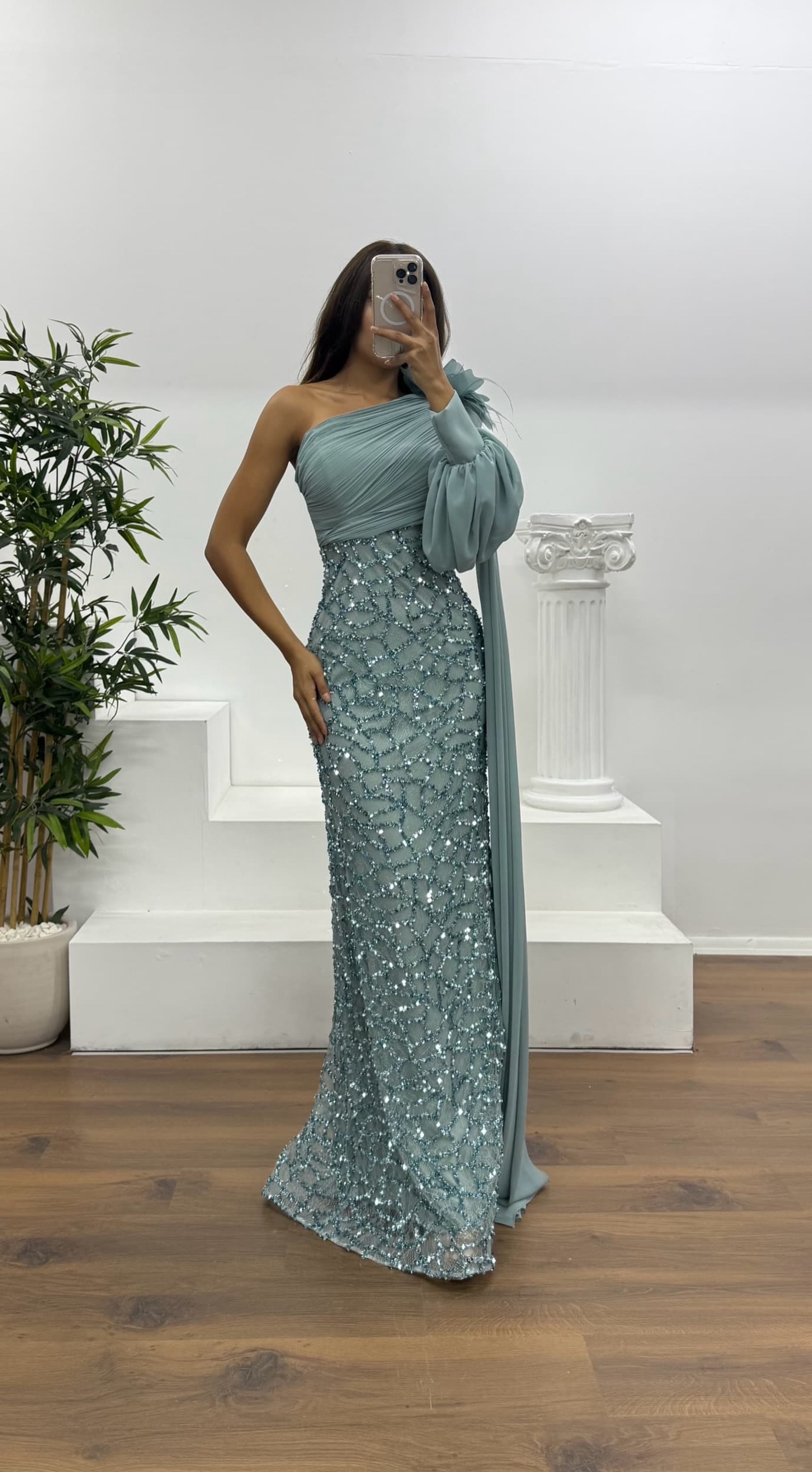 Single Sleeve Embroidered Detail Evening Dress