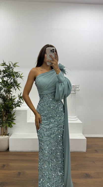 Single Sleeve Embroidered Detail Evening Dress