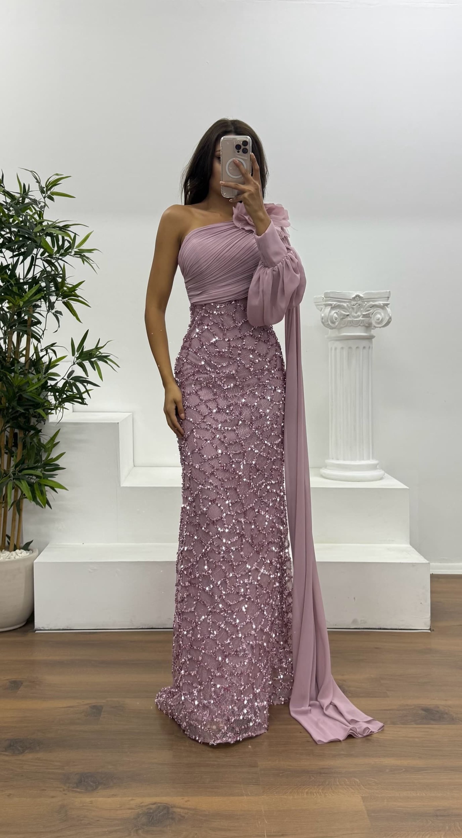 Single Sleeve Embroidered Detail Evening Dress