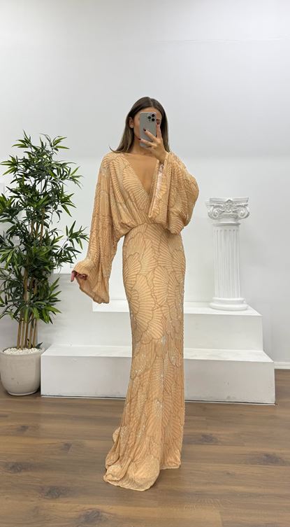 Bat Sleeve Special Hand Embroidered Evening Dress