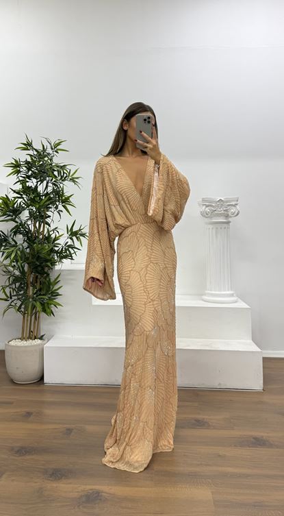 Bat Sleeve Special Hand Embroidered Evening Dress