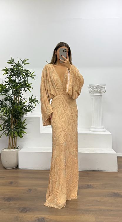 Bat Sleeve Special Hand Embroidered Evening Dress