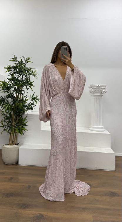 Bat Sleeve Special Hand Embroidered Evening Dress