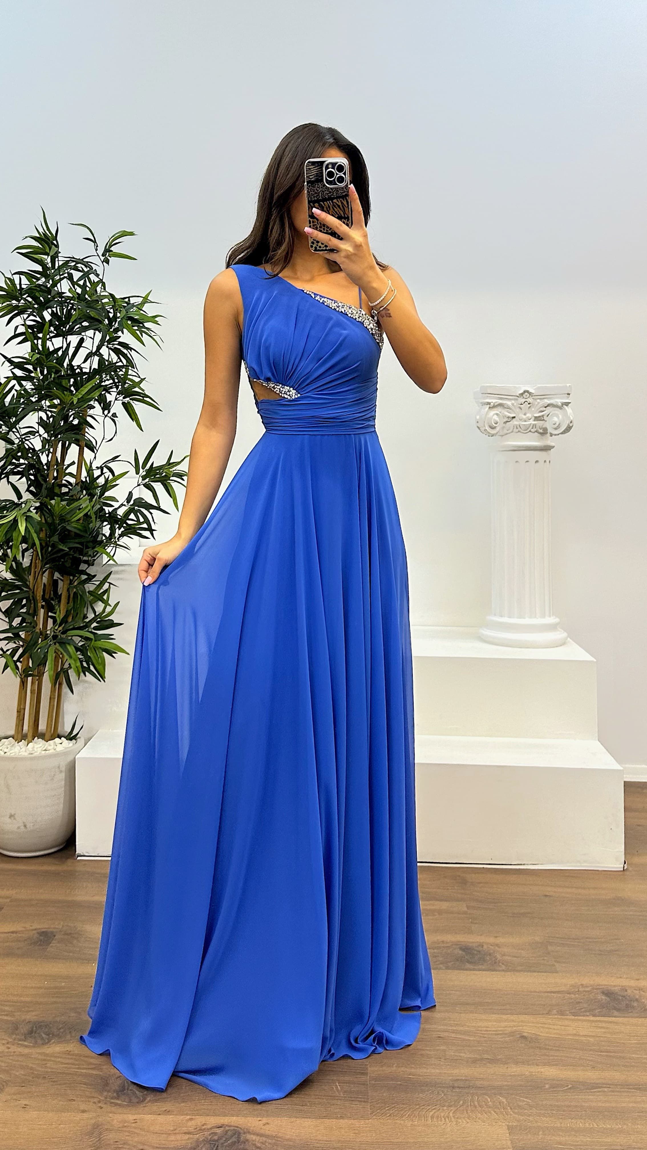 One Shoulder Waist Sheer Evening Dress