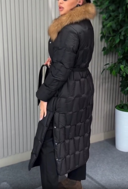 Floor-Length Quilted Puffer Coat with Faux Fur Collar & Belt