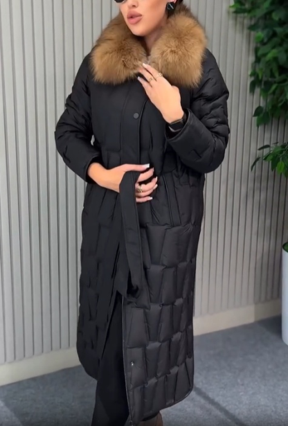 Floor-Length Quilted Puffer Coat with Faux Fur Collar & Belt