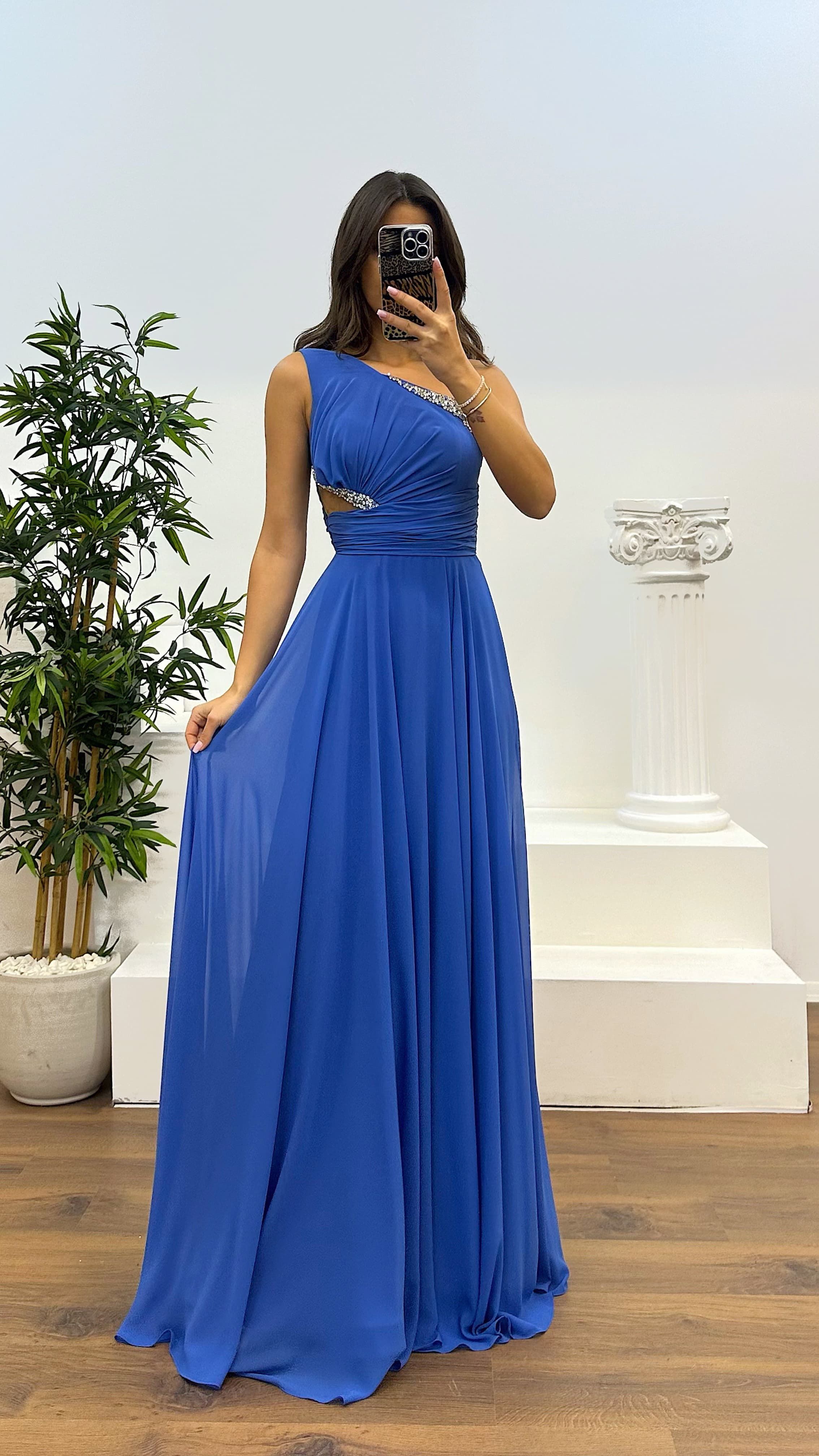 One Shoulder Waist Sheer Evening Dress