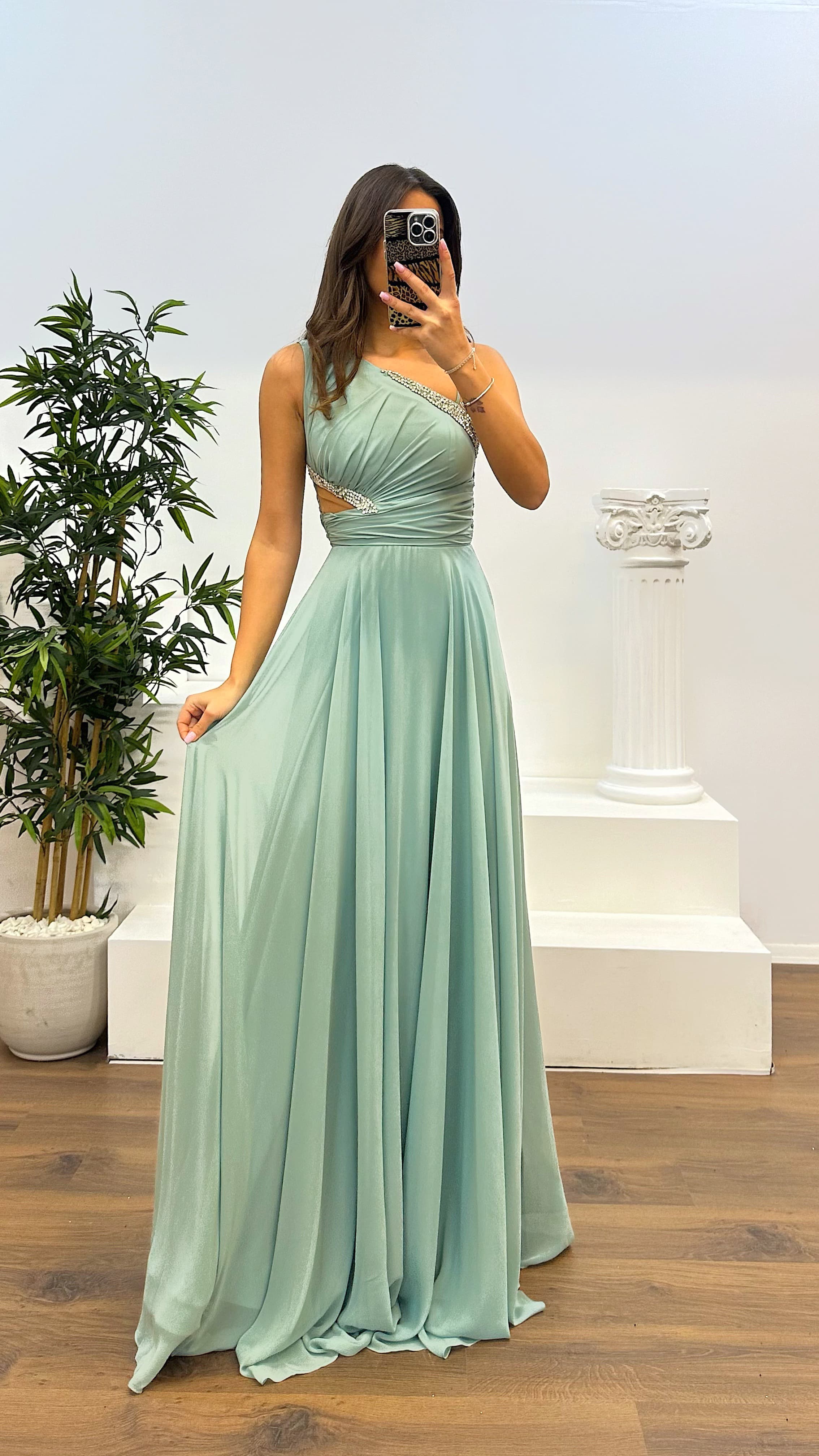 One Shoulder Waist Sheer Evening Dress