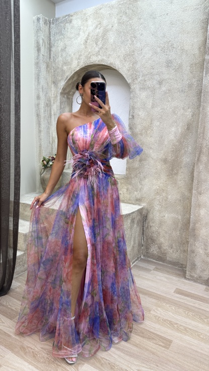 Floral one-shoulder flowy long-sleeved dress