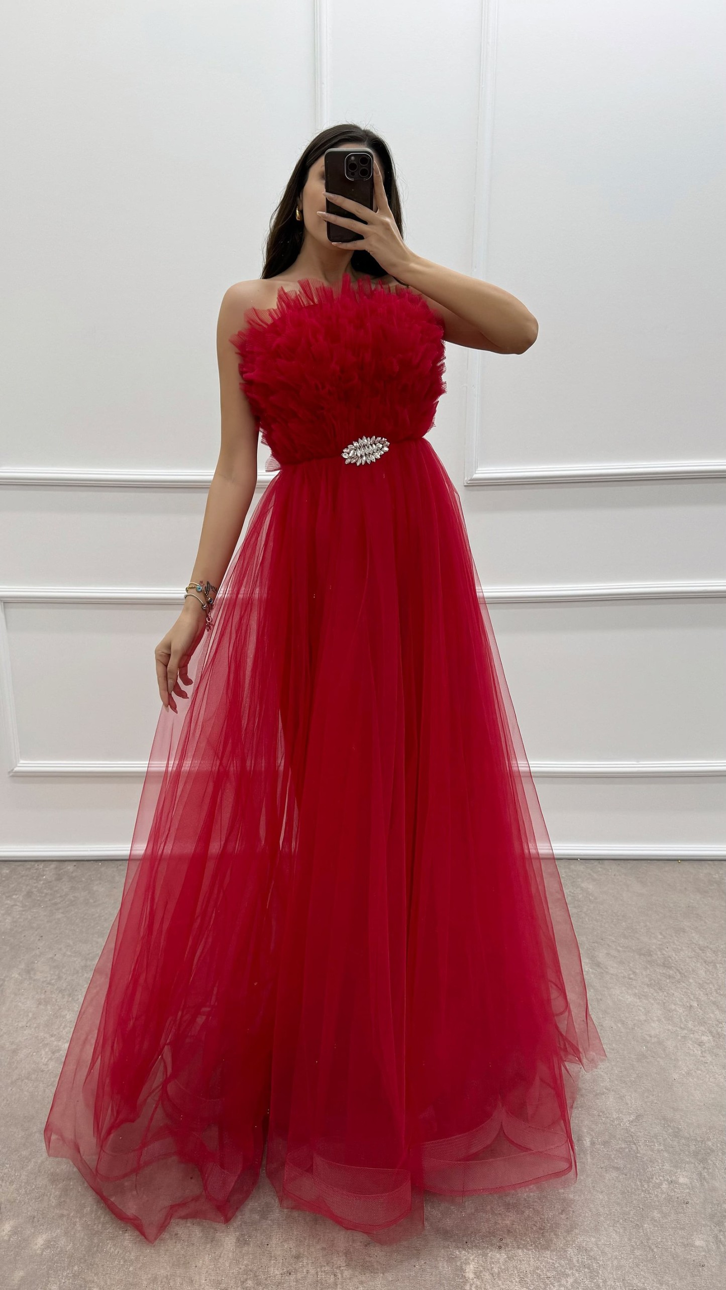 YELLOW STRAPLESS CHEST DETAIL BROOCH TULLE DRESS